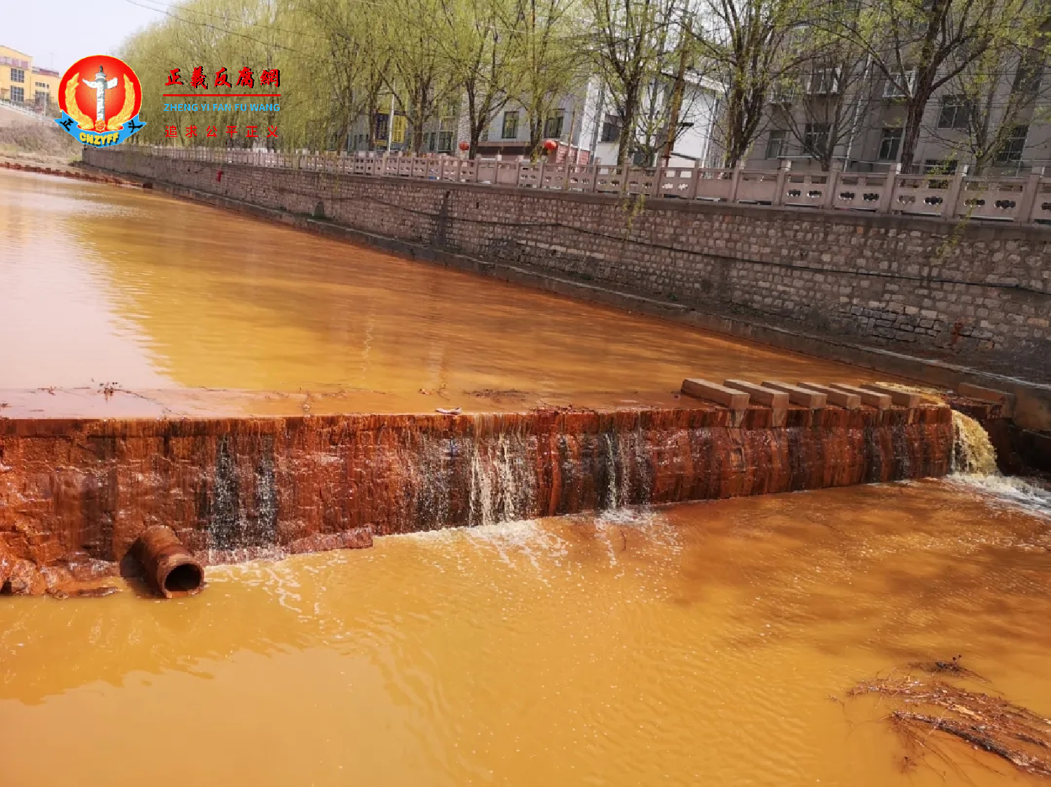 山东淄博的岳阳河由于污染严重变色.png